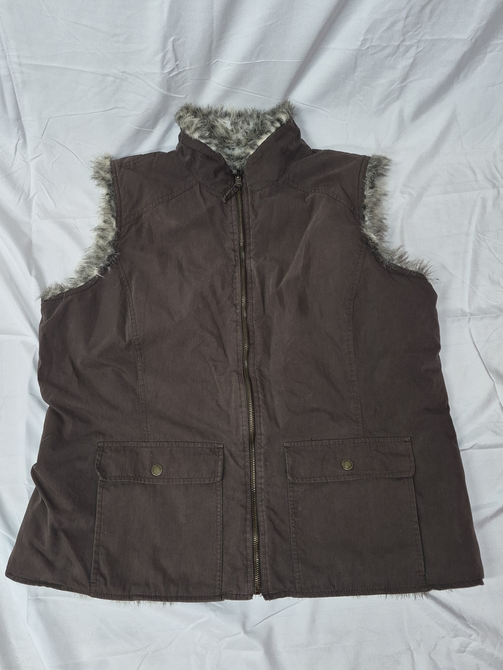 Northern Reflections Brown Faux-Fur Reversible Sleeveless Zip Vest